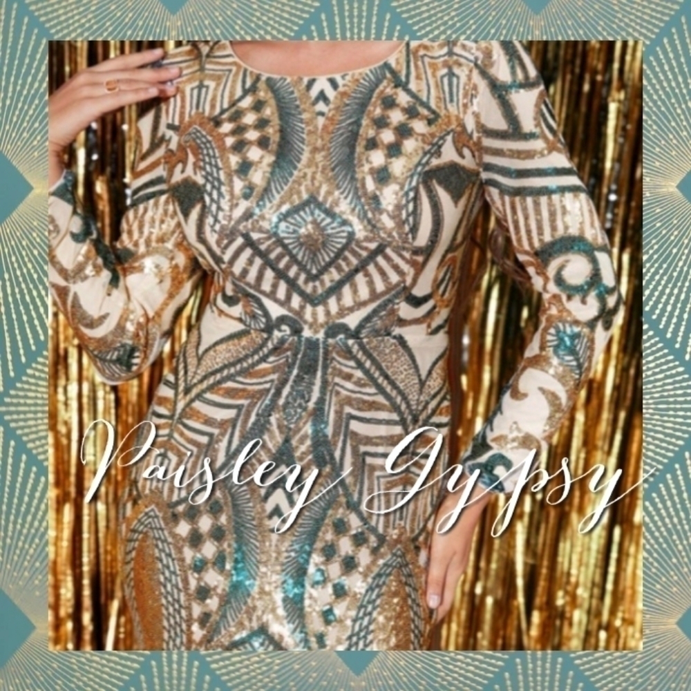 Teal and Gold Long Sleeve Backless Mermaid Contrast Sequin Formal Gown - Picture 7 of 9